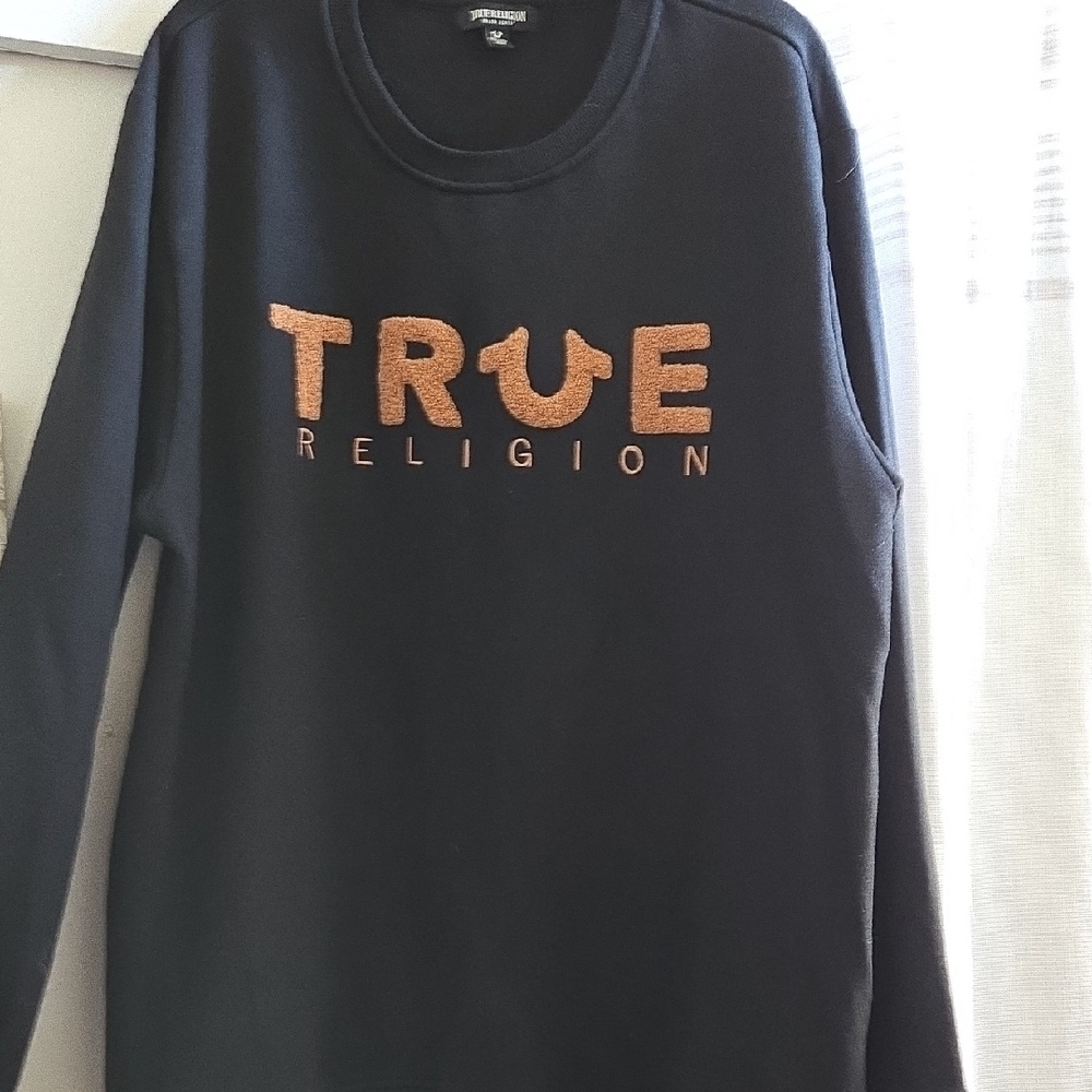 True Religion Black Crewneck with Orange Text
